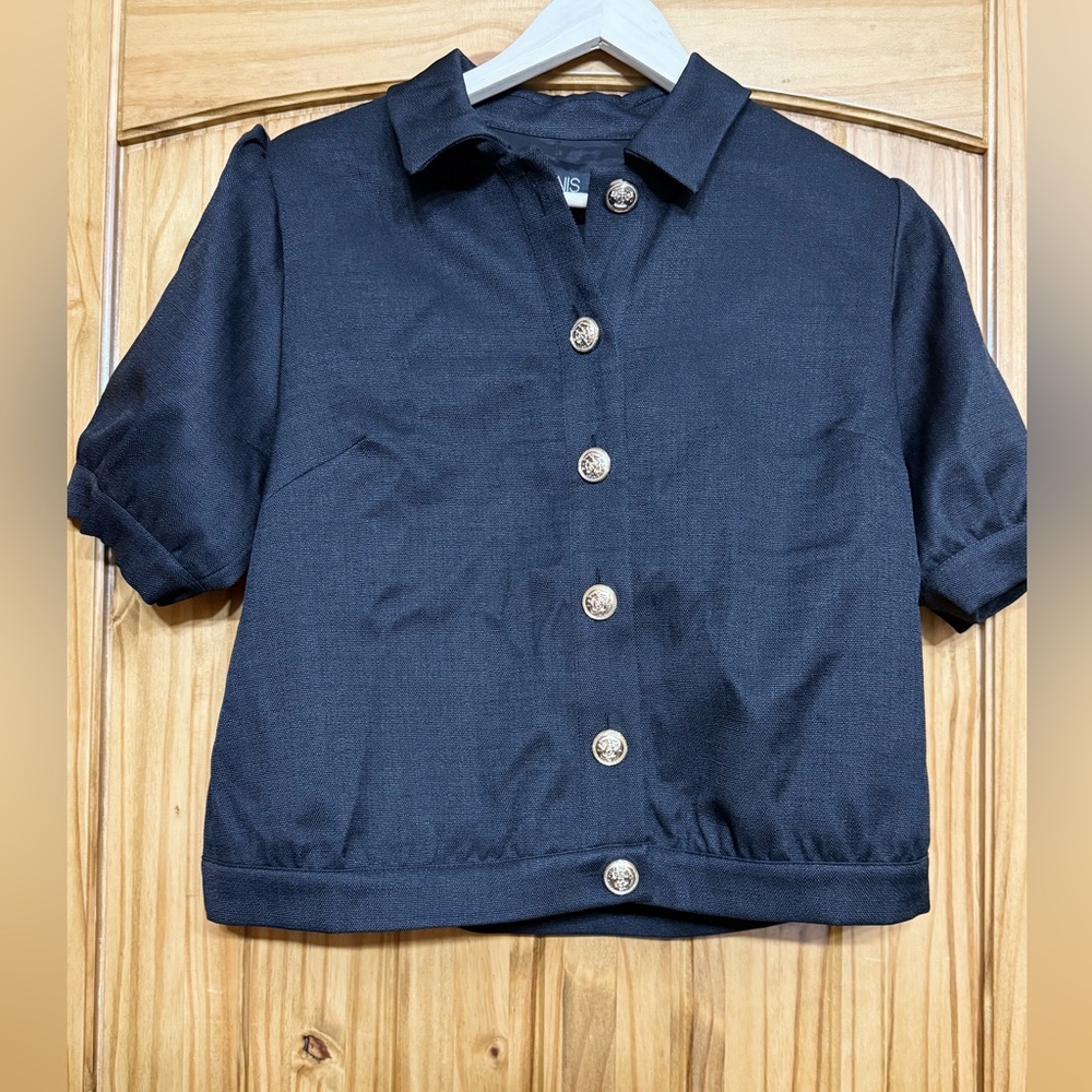 Susan Graver Navy Short Sleeve Button-Front Top /Jacket - Dennis by Dennis Basso